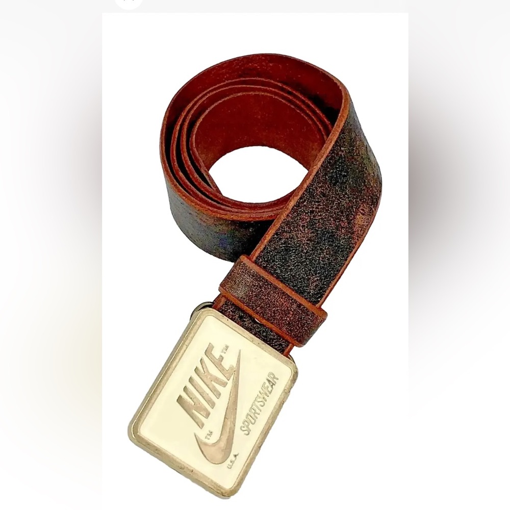 Vintage Nike Swoosh Solid Brass Leather Belt Buckle Sportswear 72 Orange Lable
